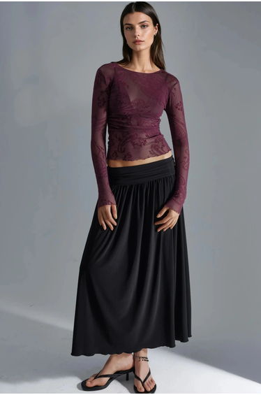 BUSEM Fitted Long Sleeve Patterned Tulle Blouse