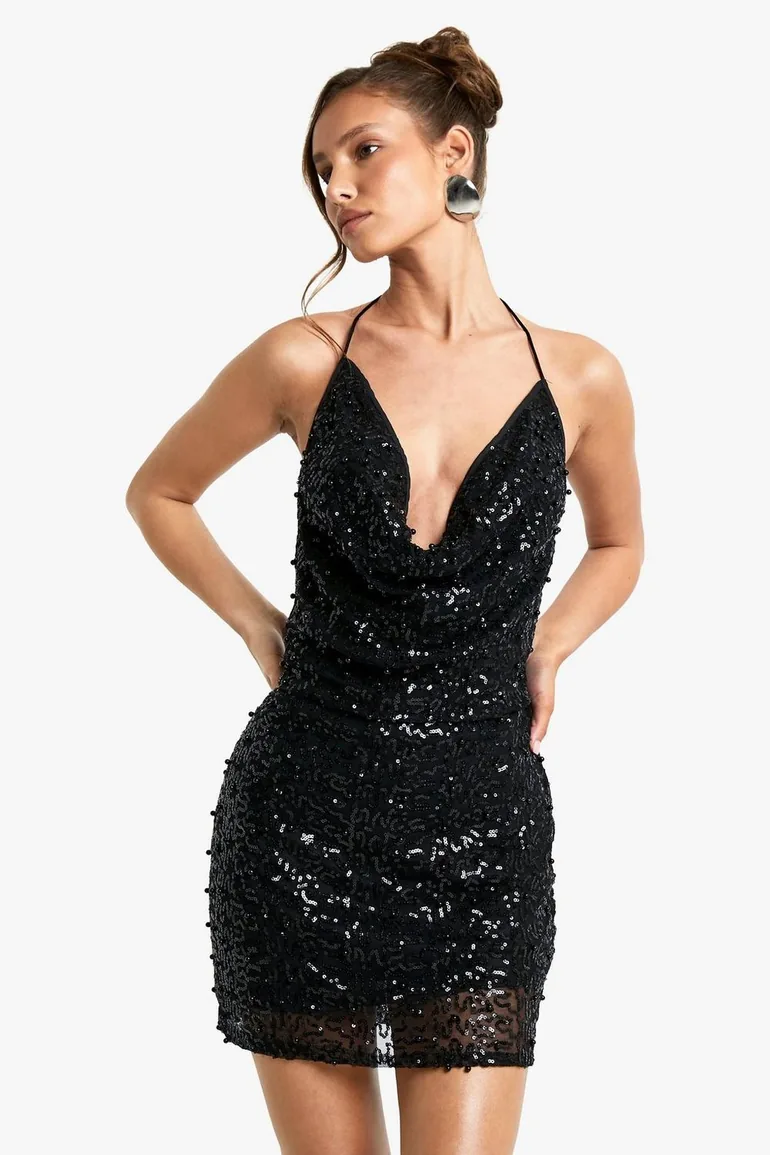 special occasion black sequin skater dress Long Sleeve Keyhole Cut Out Skater Mini Dress In Black Sequin | EGO US