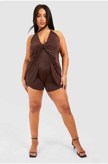 Plus Slinky Knot Detail Strappy Playsuit - chocolate