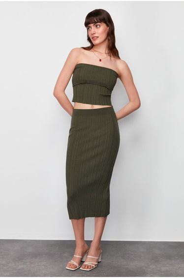 KHAKI MIDI KNITWEAR PREMIUM YARN/ SPECIAL YARN SKIRT