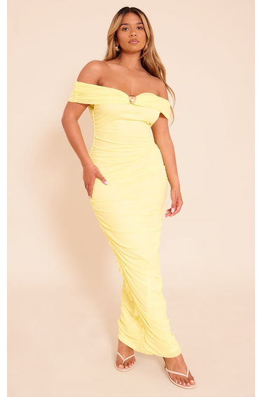 Shape Butter Yellow Mesh Bardot Gold Trim Ruched Maxi Dress