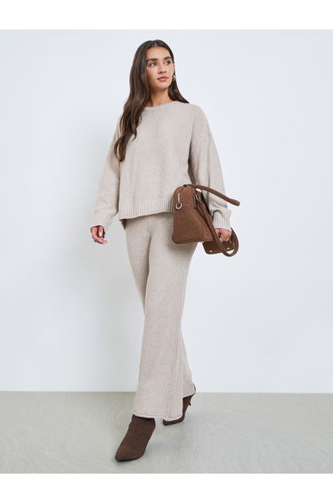Beige Wide Leg Flat Knit Pants