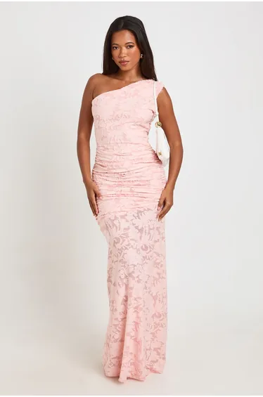 Burnout Floral Asym Neck Maxi Dress - baby pink