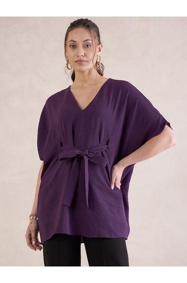 Solid V-Neck Tie Up Kimono Top