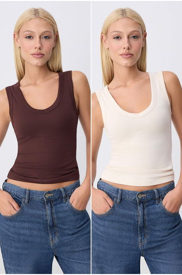 Brown-Beige Plain Fitted V-Neck Thick Strap Sleeveless Soft Knitted Undershirt