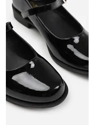 SHAISHA LOW HEEL LOAFER WITH STRAP AND BUCKLE DETAIL IN BLACK PATENT - 1