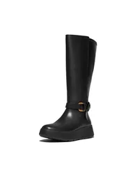 F-Mode Square-Ring Leather Flatform Tall Boots Black - 2
