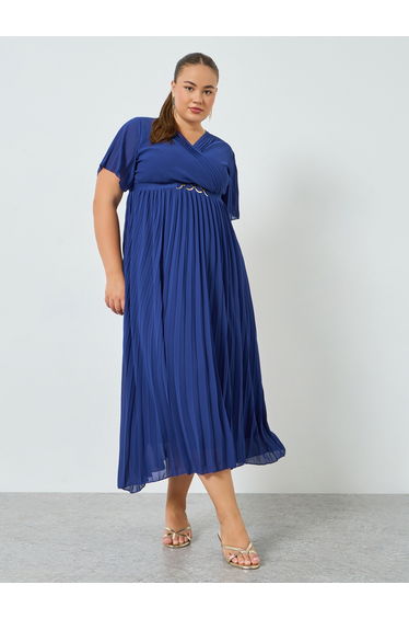 Plus Size Blue Short Sleeves A-Line Midi Dress