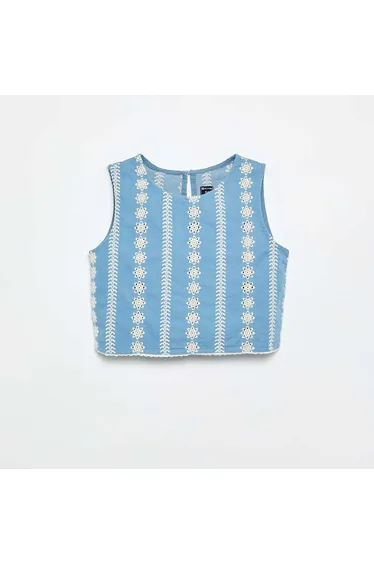 Sleeveless Blouse with All-Over Embroidery BLUE