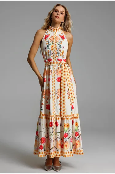 Floral High Collar Sleeveless Buttoned Lace Up  Dress