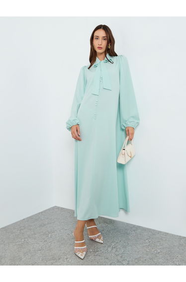 Women Tie-Up Neck Maxi Dress with Volume Sleeves