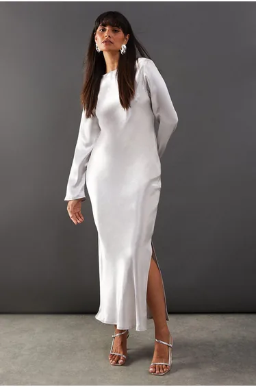 High Shine Metallic Satin Column Midi Dress