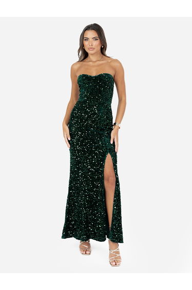 Maya Emerald Green Embellished Velvet Bandeau Maxi Dress