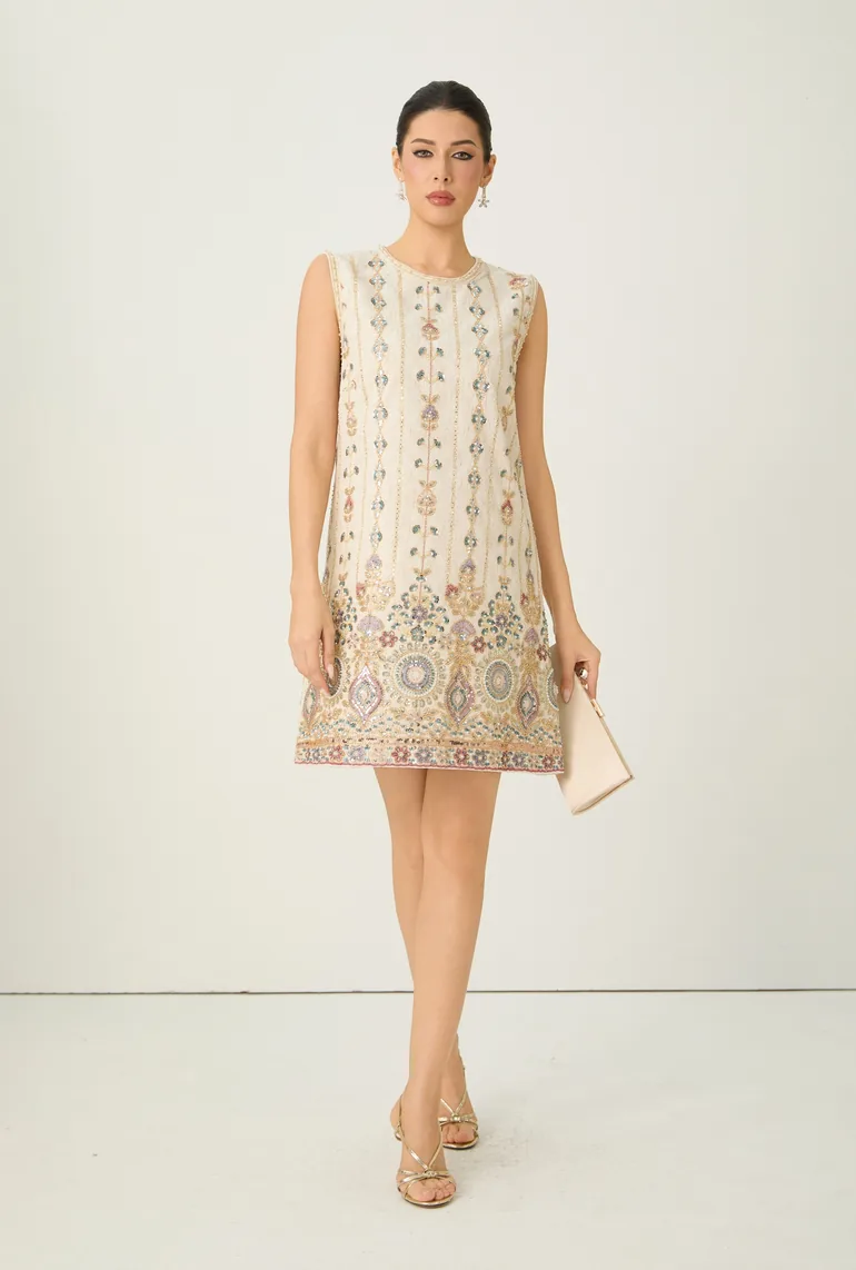 Glamorous Choice Beige Sequin Embroidered Sleeveless Mini Dress - 2