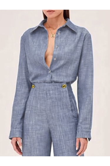 Long Sleeves Solid Color Split-Joint Lapel Blouses&Shirts Tops