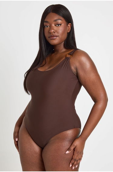 Plus Trim Detail Scoop Neck Swimsuit - chocolate