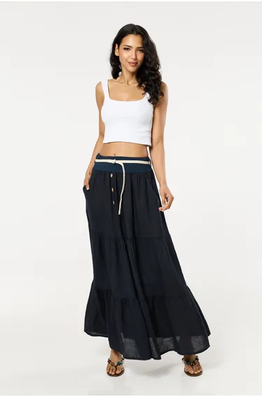 Navy Linen Tiered Maxi Skirt With Belt
