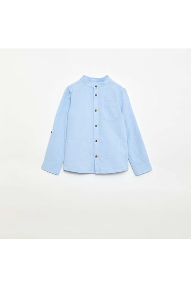 Plain Cotton Mandarin Collar Shirt BLUE