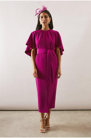 Woven Cape Belted Pencil Dress