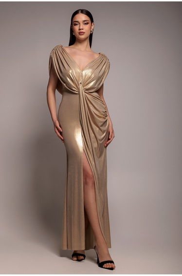 Cowl Plunge Draped Foil Maxi Dress - Gold by Goddiva