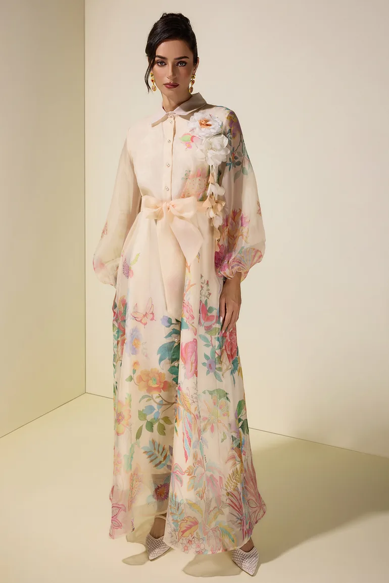 Floral Puff Sleeve Maxi Dress With Belt