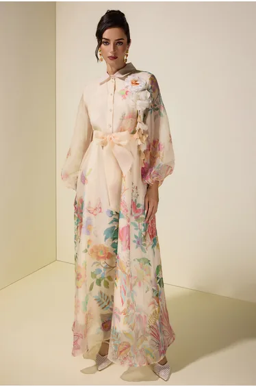 Floral Puff Sleeve Maxi Dress With Belt