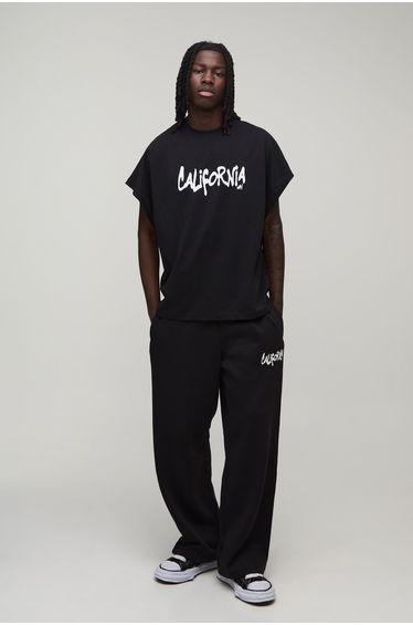 Oversized Cap Sleeve California Flocked T-Shirt And Jogger Set - black