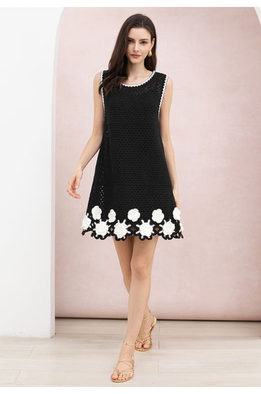3D Crochet Rose Sleeveless Open-Knit Dress in Black for Afternoon Tea & Garden Party