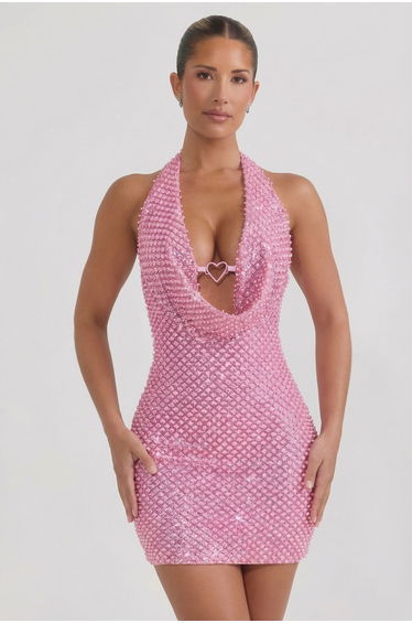 Embellished Heart-Detail Cowl-Neck Mini Dress in Pink