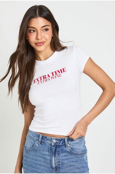 Extra time Extra Wine Slogan Baby Tee - white