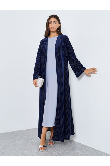 Navy Textured Velvet Look Front Open Blue Abaya