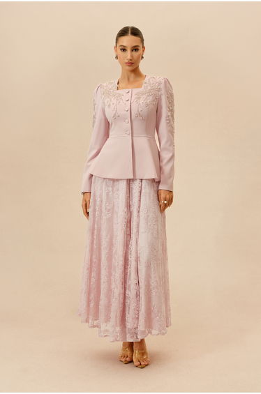 Special Invitation Pink Pearl Embellished Jacket & Lace Dress Set