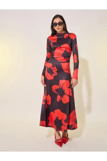 Floral Print Long Sleeves A-Line Maxi Dress