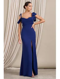 Merlot | Navy Asymmetric Draped Split Maxi Dress