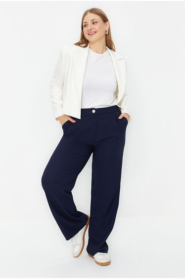 Navy Blue High Waist Wide Cut Woven Trousers