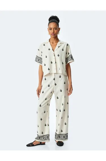 Cotton Viscose Fabric Ethnic Pattern Embroidered Wide Leg Pants