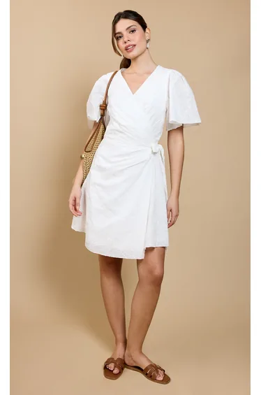 White Embroidered Mini Wrap Dress by Vicky Pattison
