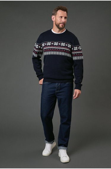 Navy Patterned Crew Neck Knitted Jumper