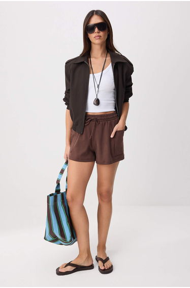 Brown Plain High Waist Tube Leg Short Soft Touch Knitted Shorts & Bermuda