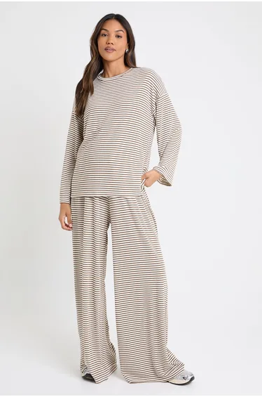 Maternity Stripe Rib Long Sleeve Top - stone