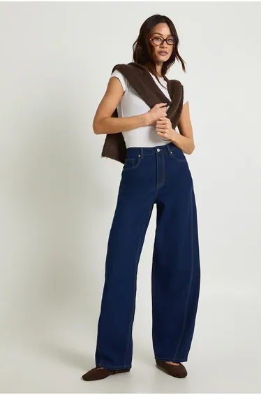 بنطلون جينز بأرجل بقصة إسطوانية بخصر وسط بتصميم ملتف لون كحلي - لطويلات القامة