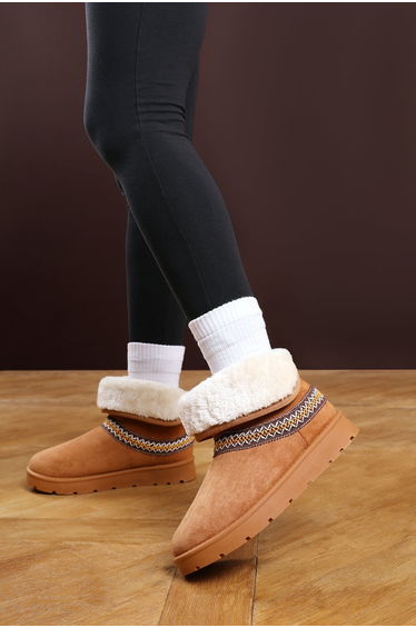 Esme Chestnut Suede Flat Boot with Embroidered Trim Detail