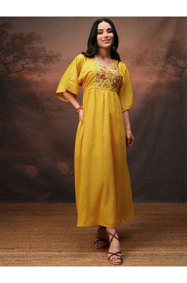 Women Embroidered V Neck A-Line Maxi Dress
