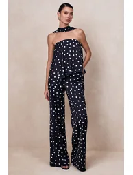 Seloria | Black & White Satin Polka Dot Wide-Leg Trouser