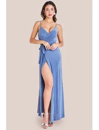 City Goddess Wrap Front Maxi Slip Dress With Waist Tie-Up