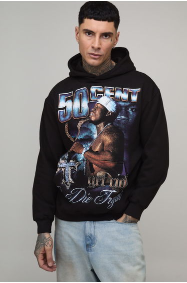 Tall Oversized 50 Cent License Printed Hoodie - black