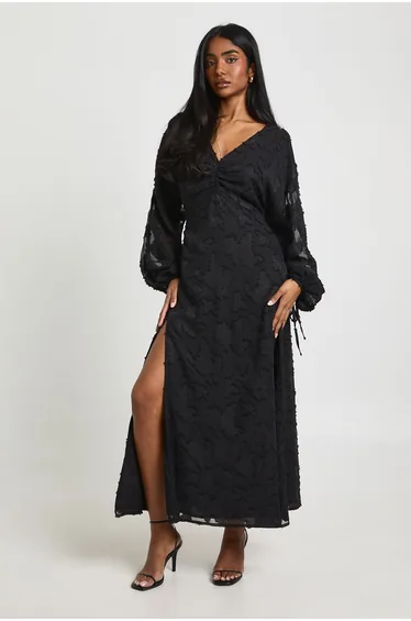 Floral Burnout Volume Sleeve Midi Dress - black