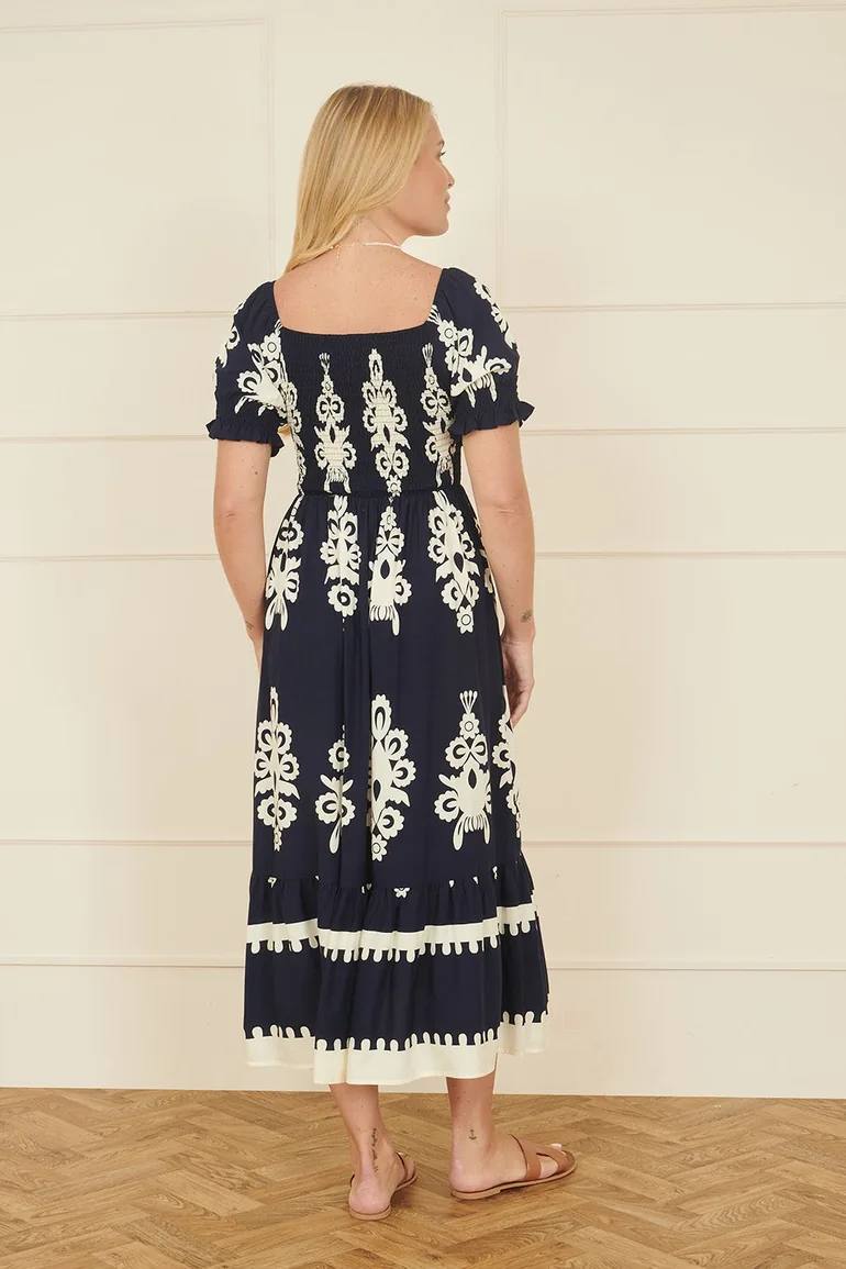 Yumi Navy Block Print Viscose Ruched Midi Dress - 3