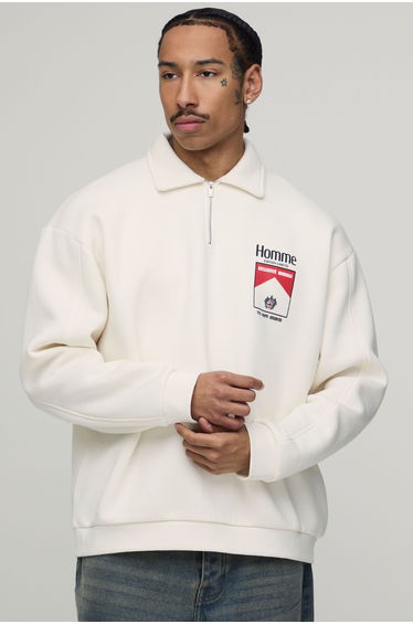 Homme Printed Quarter Zip Sweatshirt - ecru