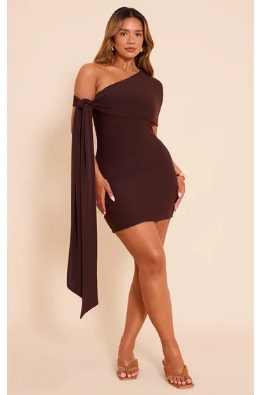 فستان قصير بطيات بربطة جانبية لون بني - للمقاسات الممتلئة